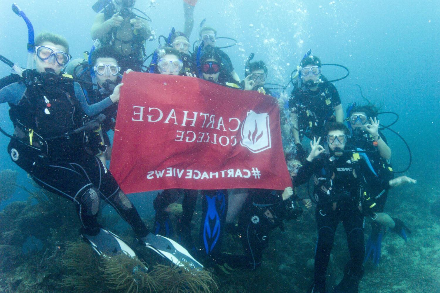 学生们手持<a href='http://stnc.litpliant.net'>bv伟德ios下载</a>旗帜，在j学期洪都拉斯游学之旅中潜水.